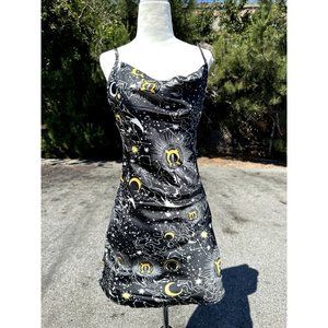 Wednesday's Girl Slip Dress Women's Extra Small Black Celestial Print Cowl Neck